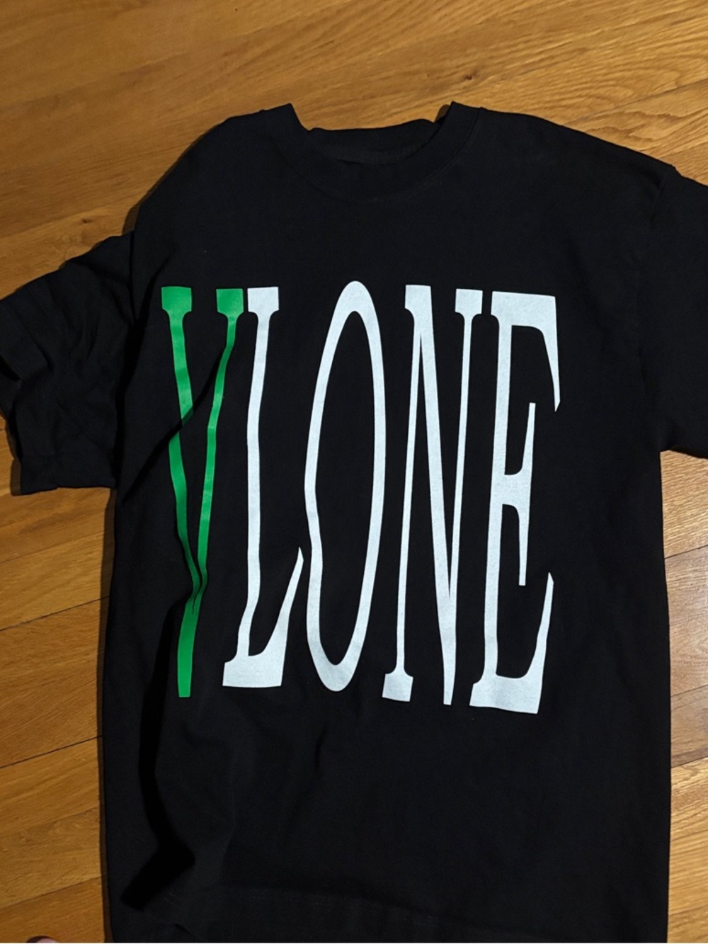 VLONE Black Tee with White Bold Logo and Green Accent